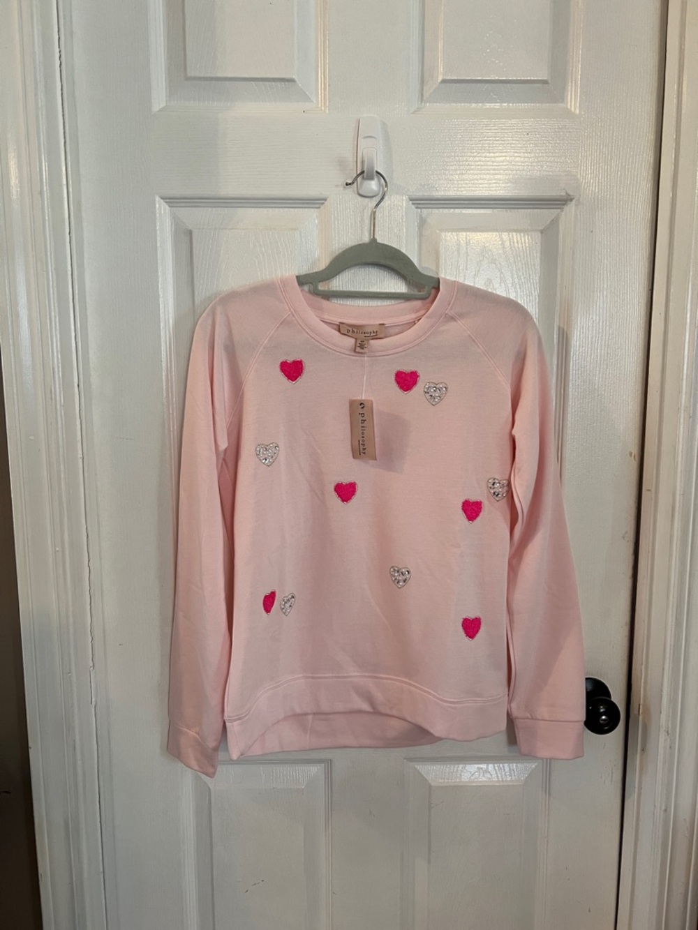 Philosophy Light Pink Crewneck Sweatshirt with Heart Appliqués